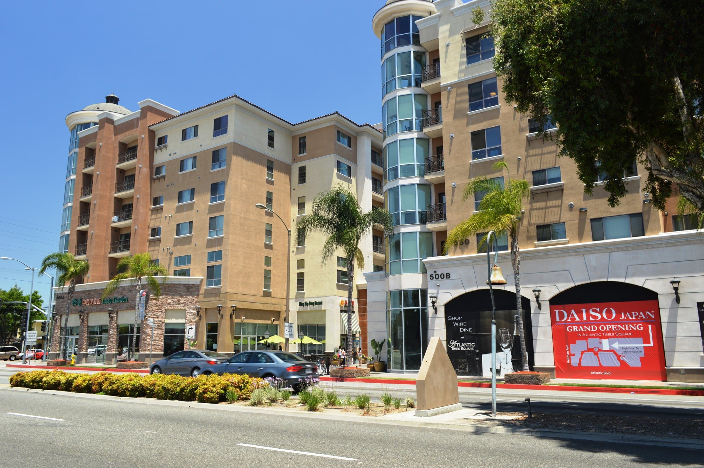 Atlantic Times Square streetscape in Monterey Park with Asian dining and retail