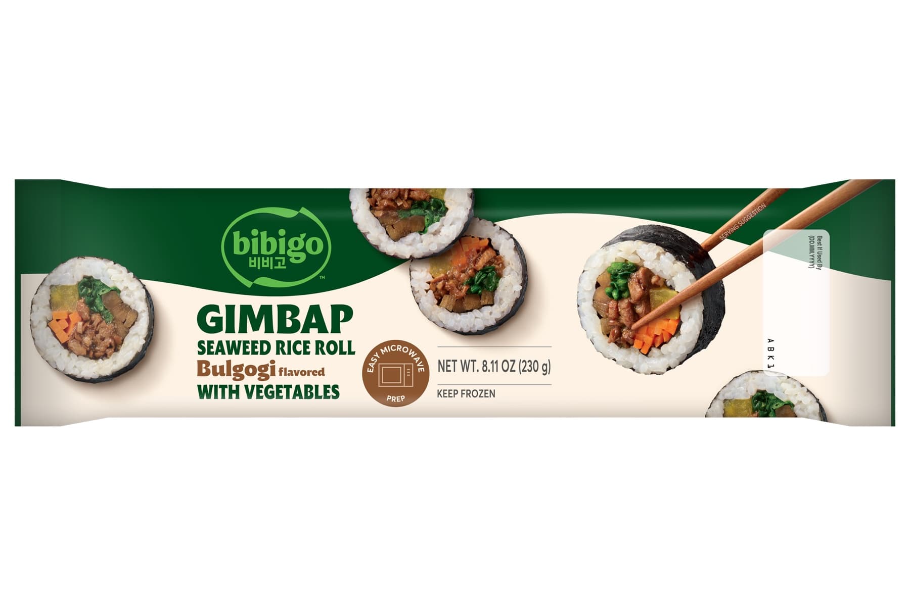 bibigo Bulgogi frozen gimbap package with sliced seaweed rice rolls and chopsticks