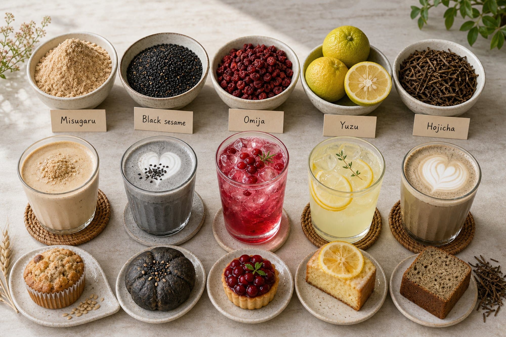 Five café drinks and pastries with labeled bowls of misugaru, black sesame, omija, yuzu, and hojicha