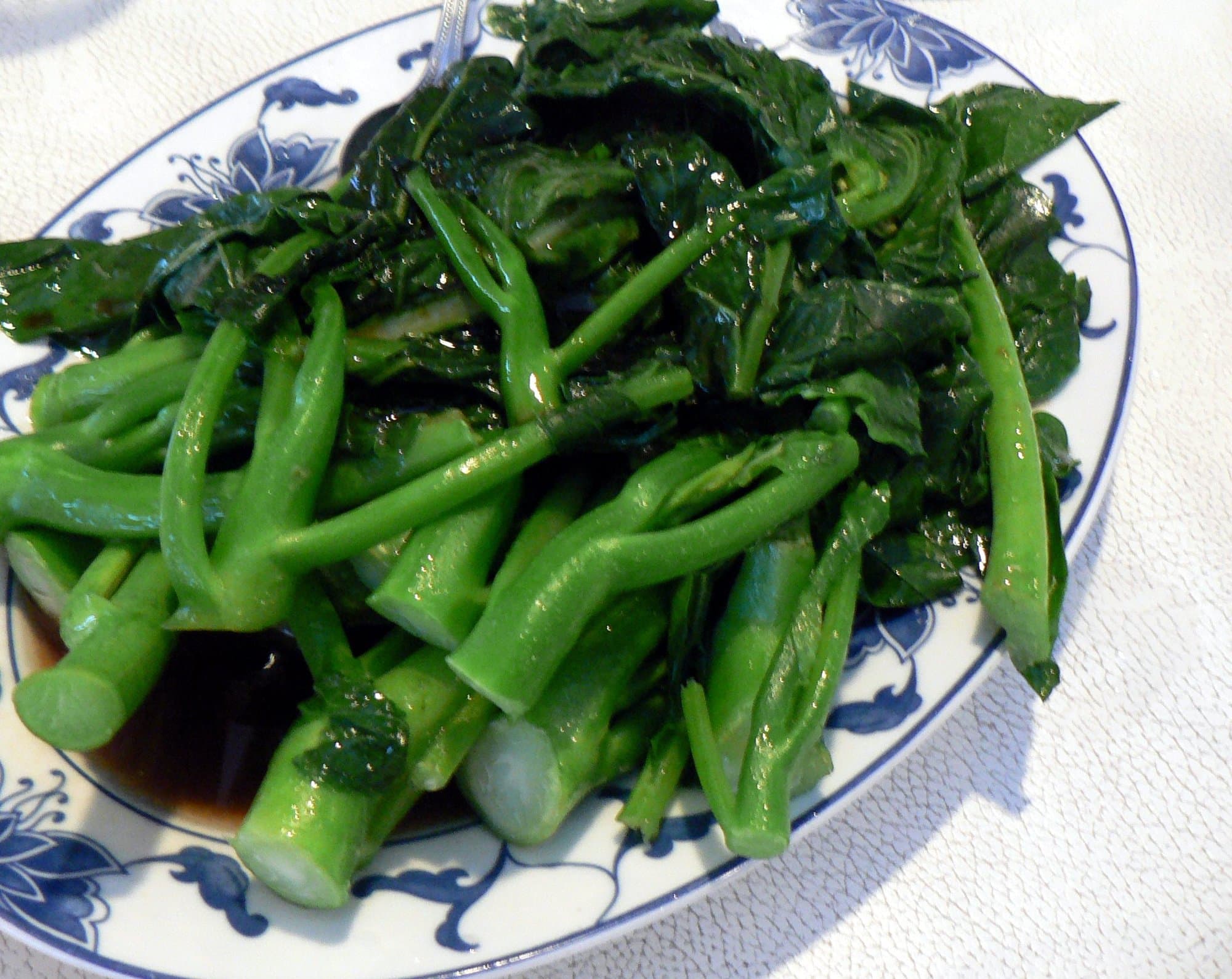Chinese broccoli on a blue-and-white plate, with a pool of dark oyster sauce at the edge