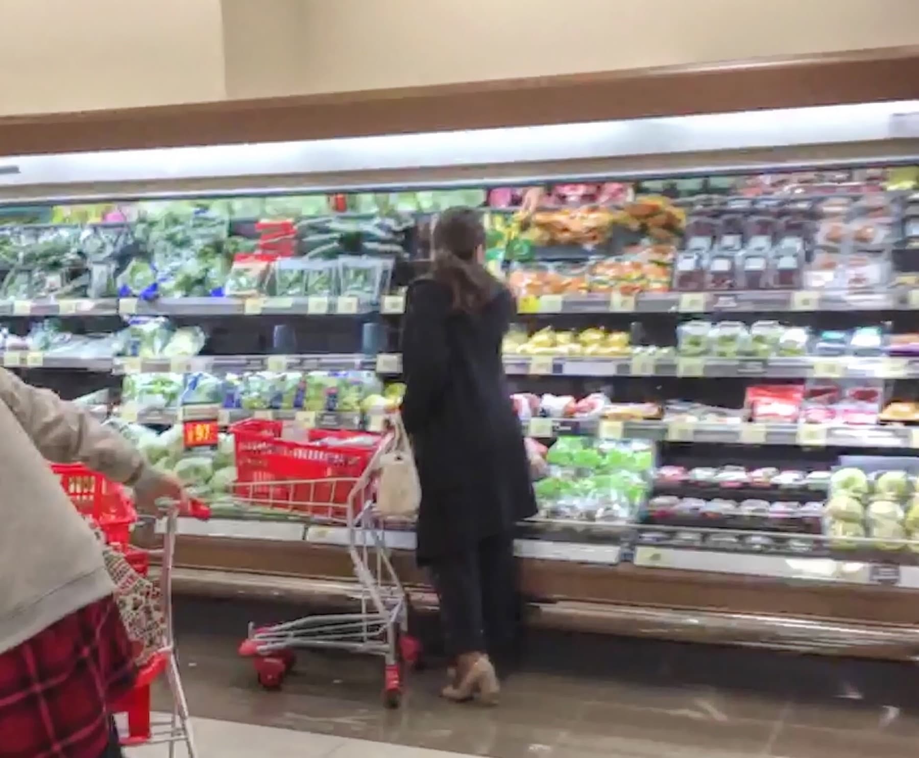 Shopper with a cart at the refrigerated vegetable shelves in a Japanese supermarket
