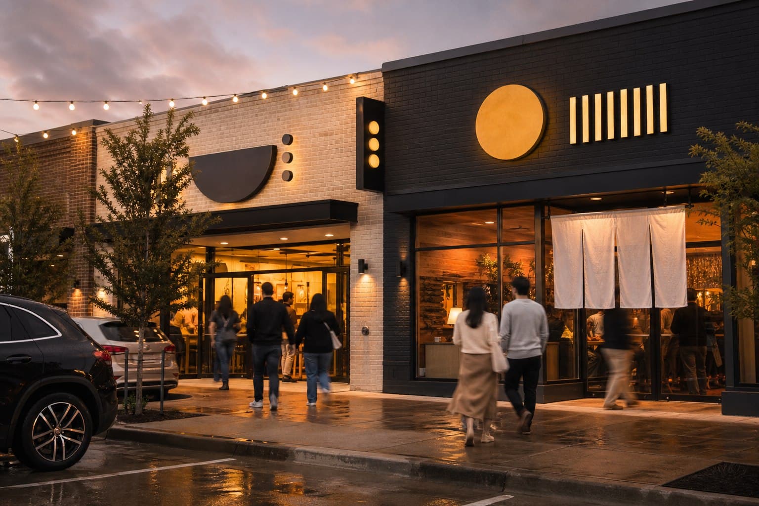Evening street scene of adjacent unbranded Korean and Japanese storefronts in a North American commercial district