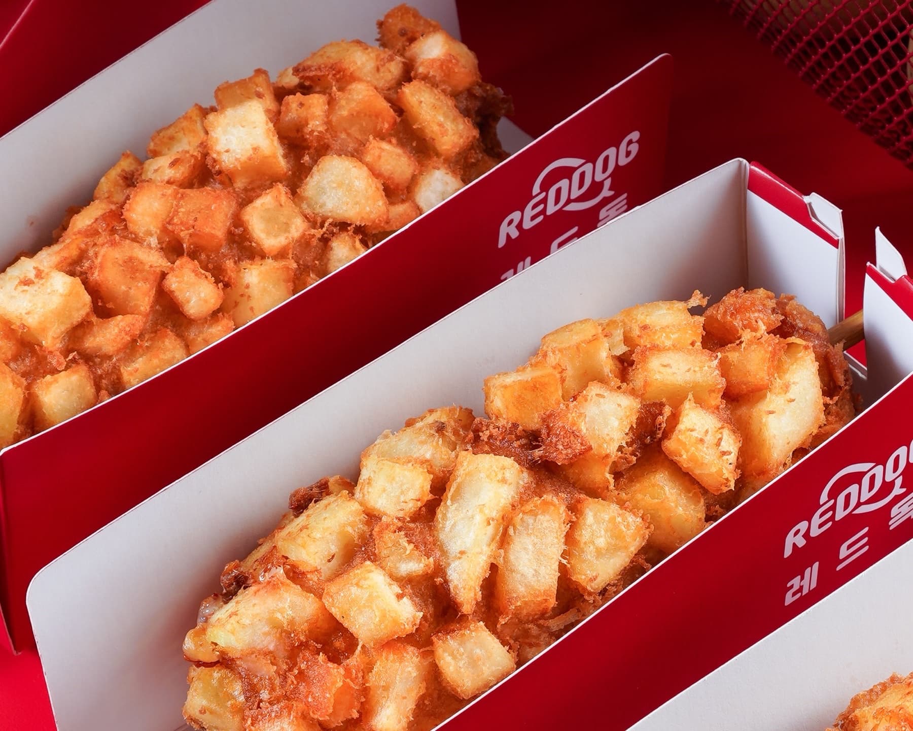 Reddog potato corn dogs in branded red boxes
