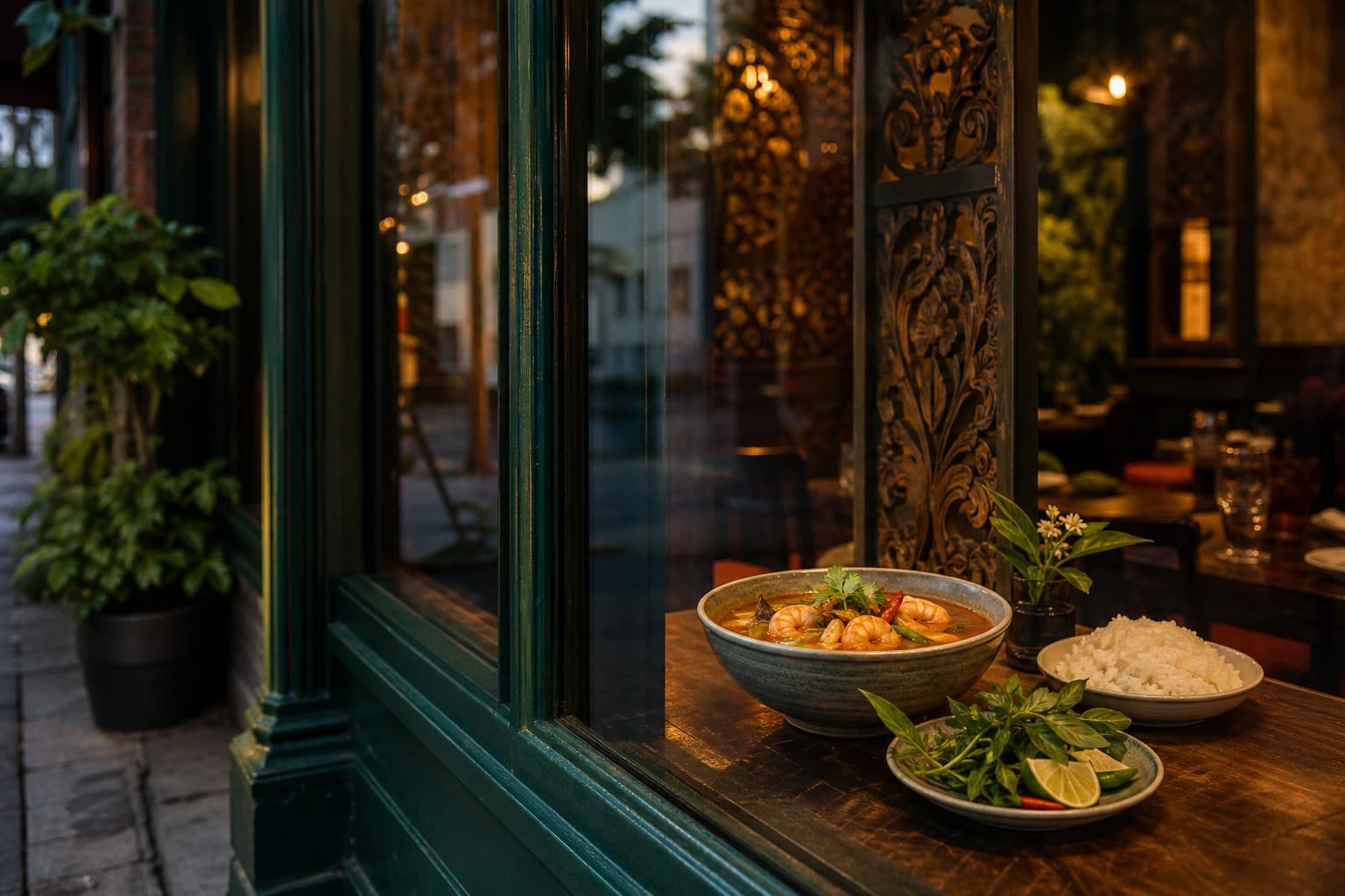 Tom yum goong and jasmine rice on a table seen through a Thai restaurant window at dusk